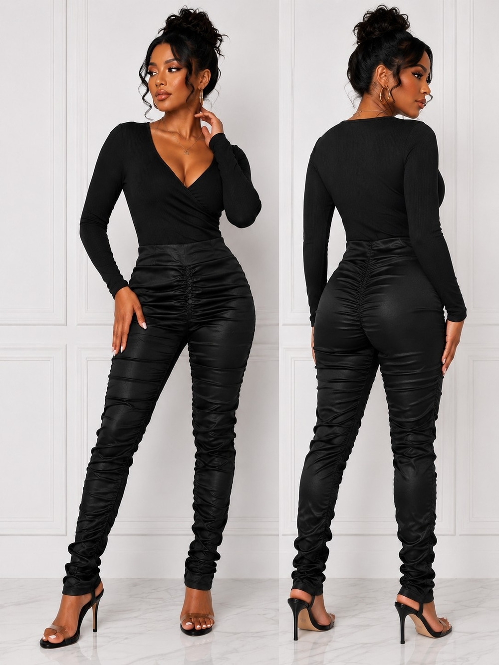 Sleek Black Satin Ruched High-Waisted Skinny Pants